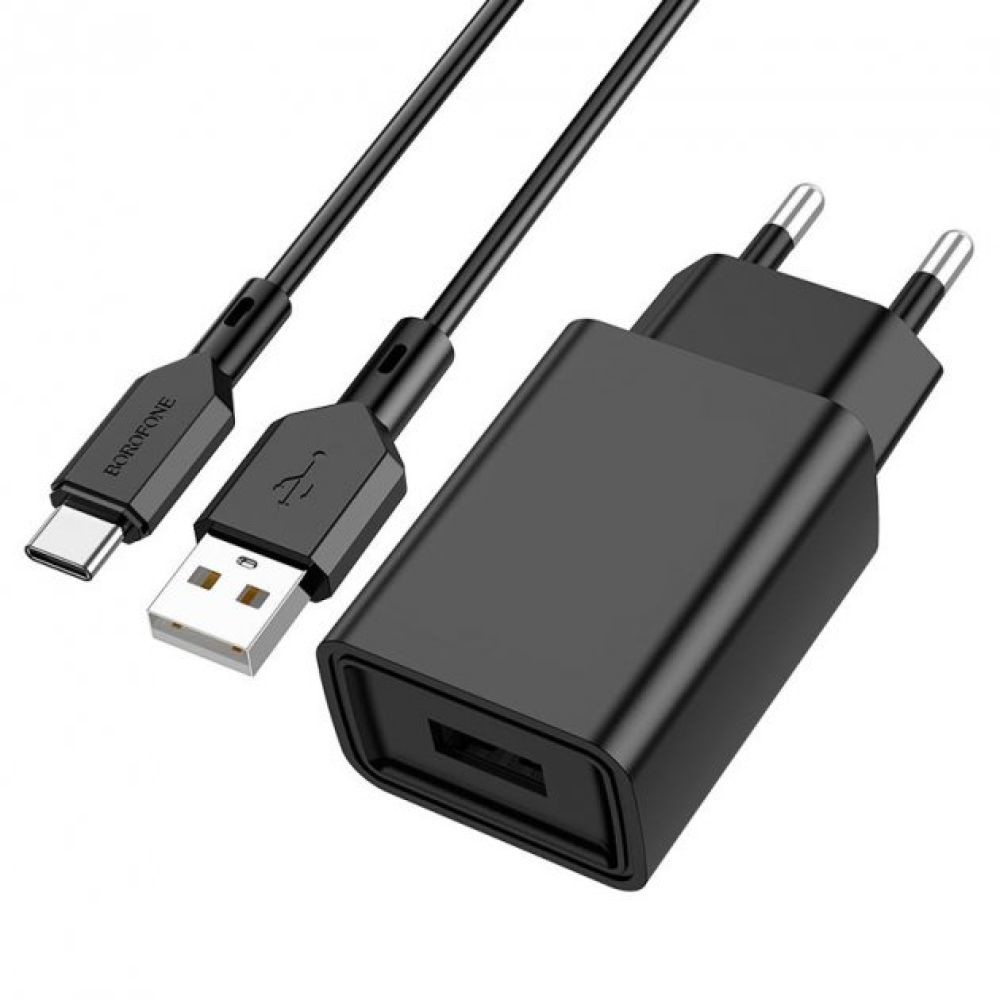 Мережевий зарядний пристрій Borofone BA68A, Cable Type-C, 1xUSB-A, 2.1A, Black - 1