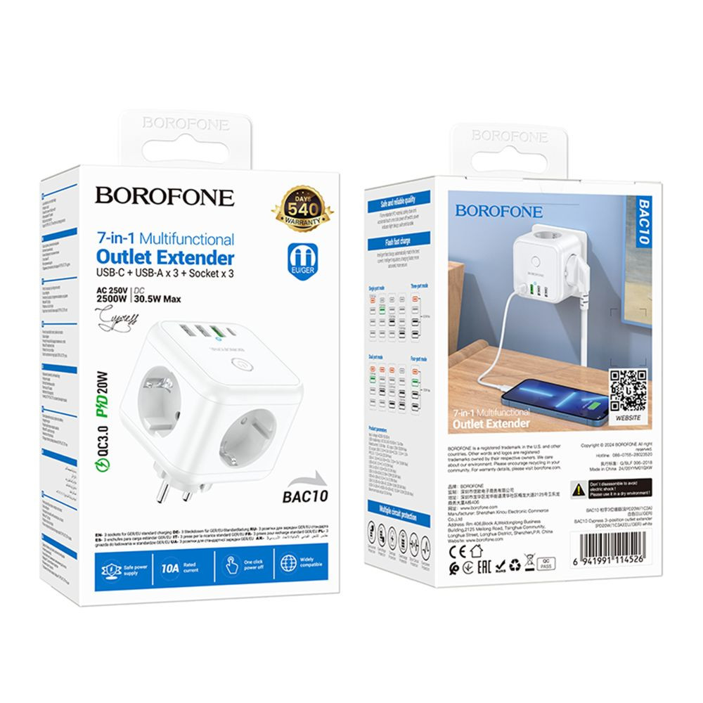 Мережевий подовжувач Borofone BAC10, 3xSocket/1xType-C/3xUSB-A, PD 20W, QC 3.0, White - 3