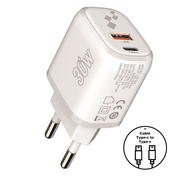 Мережевий Зарядний Пристрій iEnergy HC-28, Cable Type-C to Type-C, PD+Q.C 3.0, 30W Max, White - 1