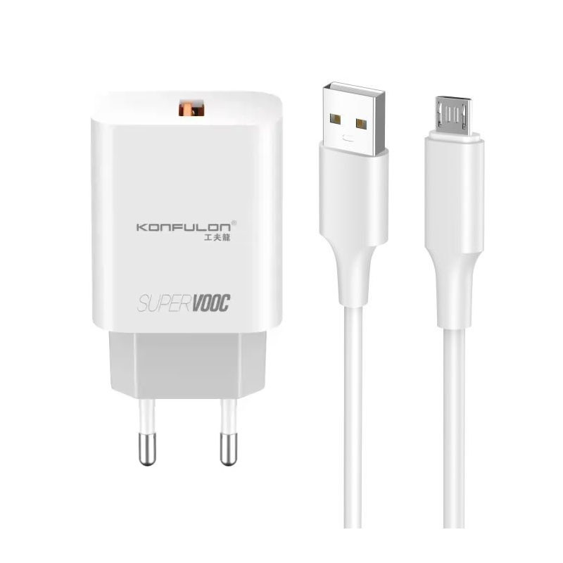 Мережевий зарядний пристрій Konfulon C87, Cable Micro, 1xUSB, 5V 3A, White - 1