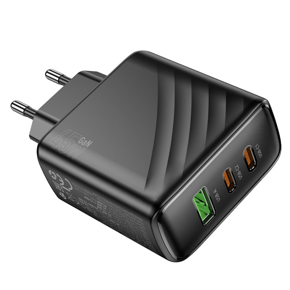 Мережевий зарядний пристрій Hoco CS26A, 2xType-C, 1xUSB-A, PD 45W, QC 3.0, Black - 11