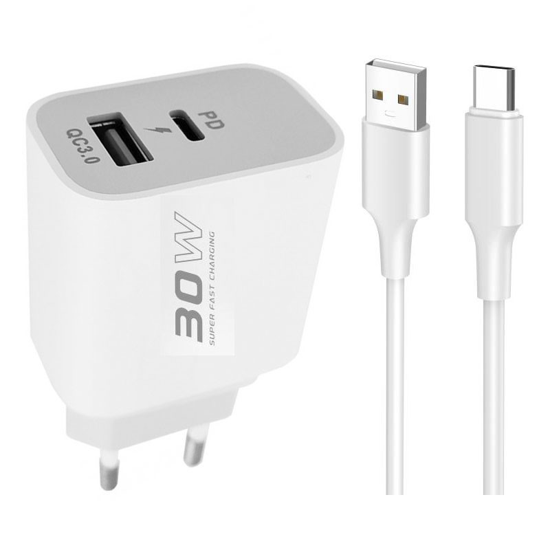 Мережевий зарядний пристрій Konfulon C89Q, Cable Type-C, USB-A QC3.0 20W, Type-C 30W Max, White - 1