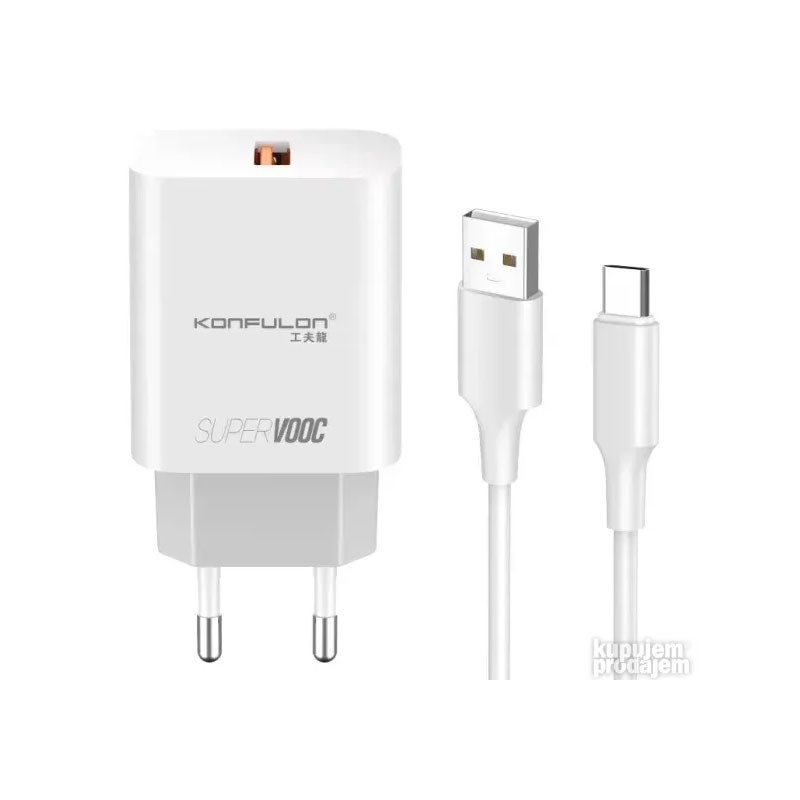 Мережевий зарядний пристрій Konfulon C87Q, Cable Type-C, VOOC QC3.0 25W, White - 1