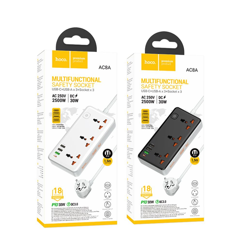 Мережевий подовжувач Hoco AC8A, 3xSocket, 1xType-C, 3xUSB-A, PD 30W, QC 3.0, 1.5m, White - 7