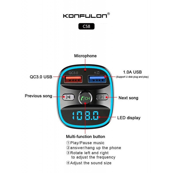 FM-модулятор Konfulon C58, Micro, Bluetooth, 2 USB, Quick Charge 3.0 - 4