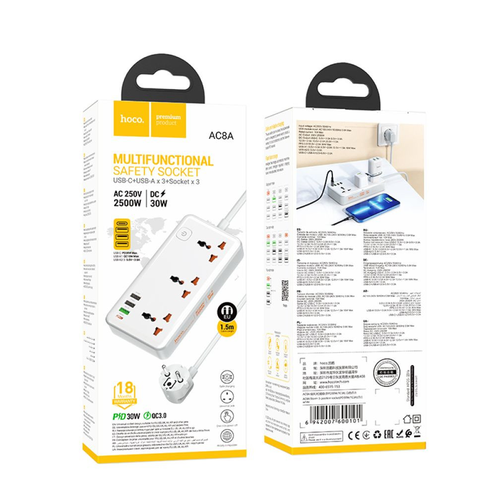 Мережевий подовжувач Hoco AC8A, 3xSocket, 1xType-C, 3xUSB-A, PD 30W, QC 3.0, 1.5m, White - 8