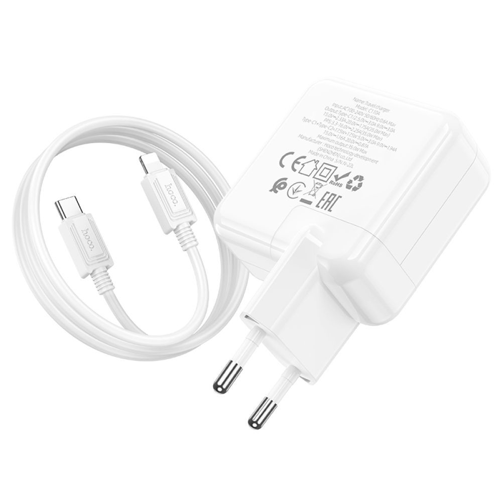 Мережевий зарядний пристрій Hoco C110A, Cable Type-C to Lightning, PD 35W, QC 3.0, White - 3