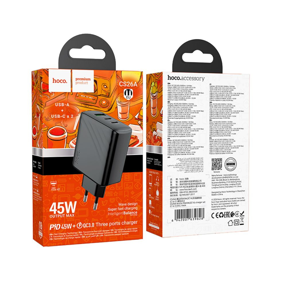 Мережевий зарядний пристрій Hoco CS26A, 2xType-C, 1xUSB-A, PD 45W, QC 3.0, Black - 8