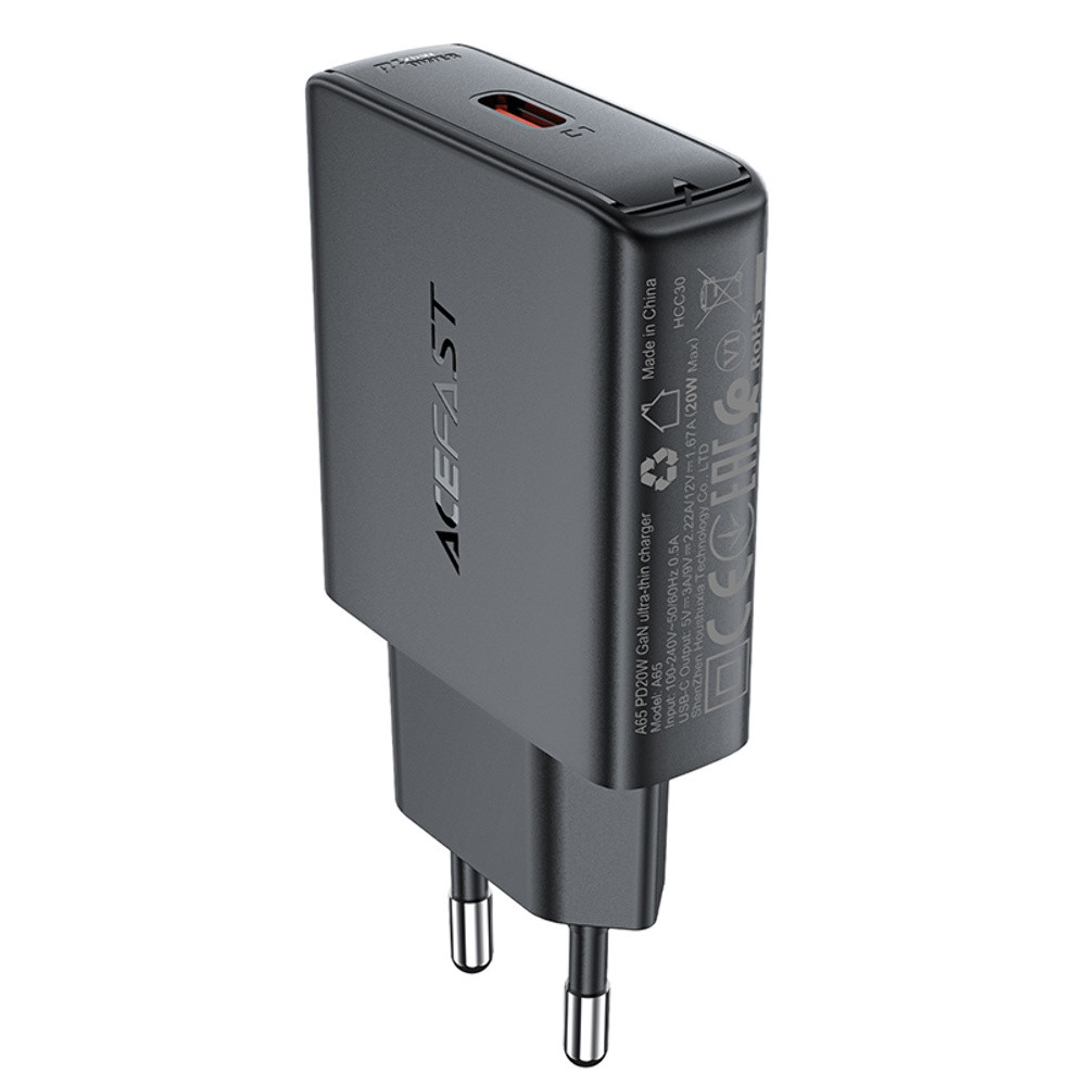 Мережевий зарядний пристрій Acefast A65, PD 20W, GaN, Black - 3