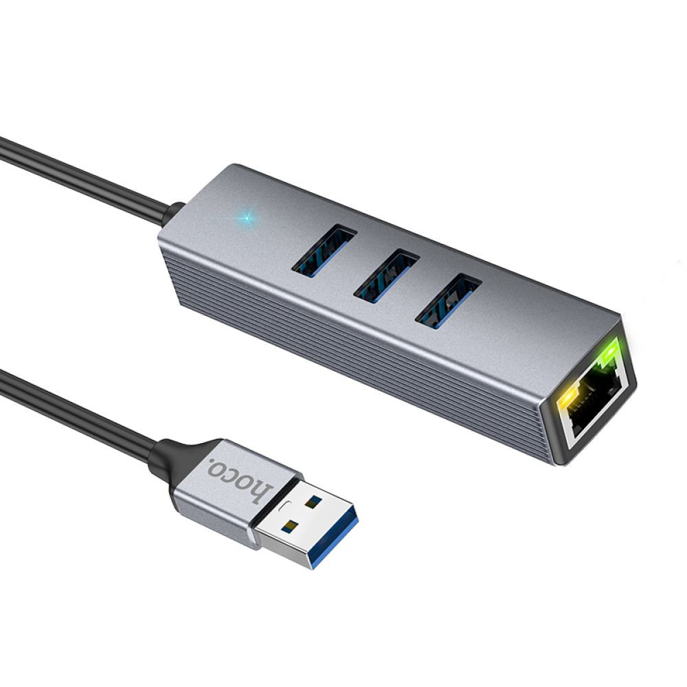 USB-хаб Hoco HB34, USB to 3xUSB 3.0/RJ45, 0.15m, Gray - 3