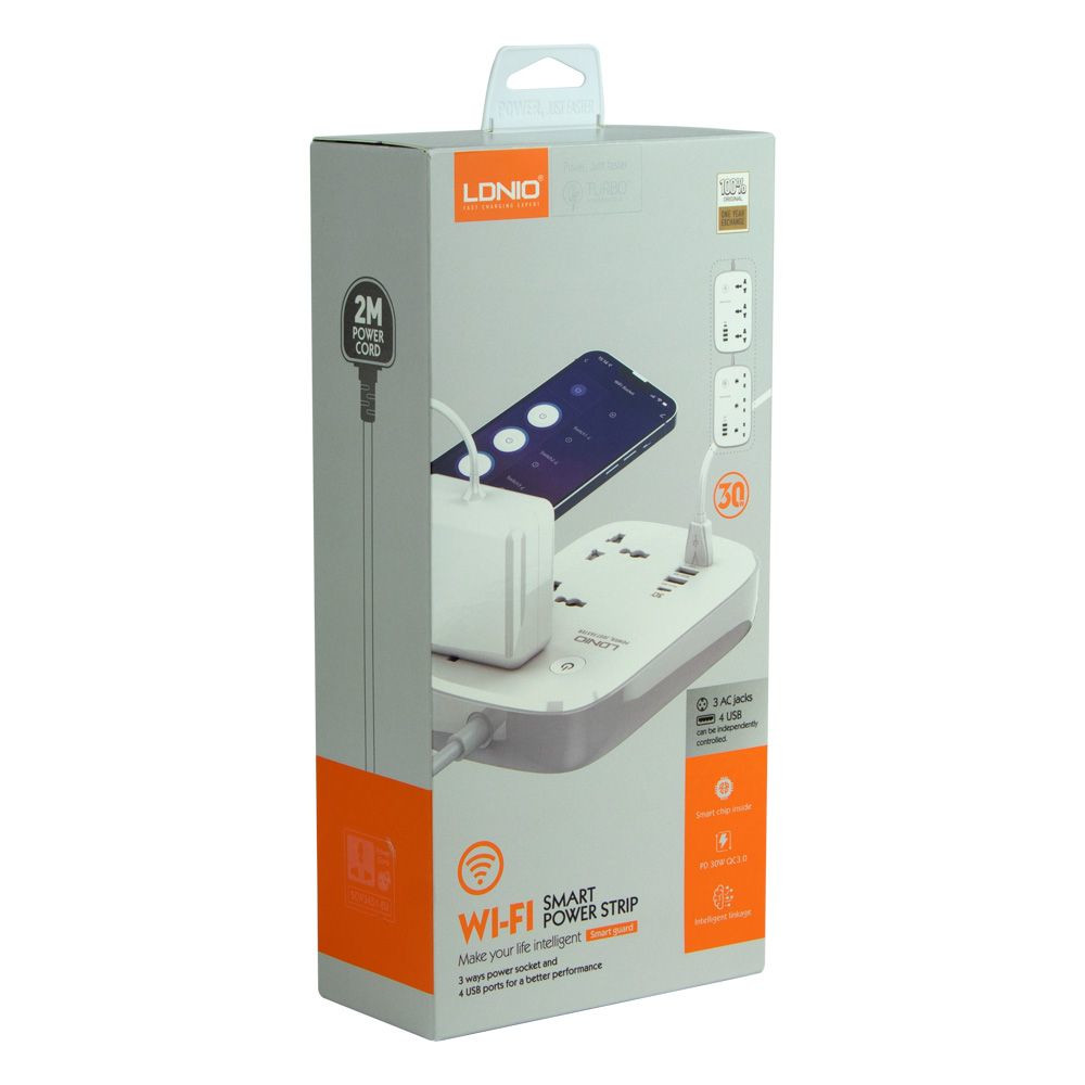 Мережевий подовжувач LDNIO SCW3451, 3xSocket/1xType-C/3xUSB-A, PD 30W, QC 3.0, Wi-Fi, 2m, White - 4