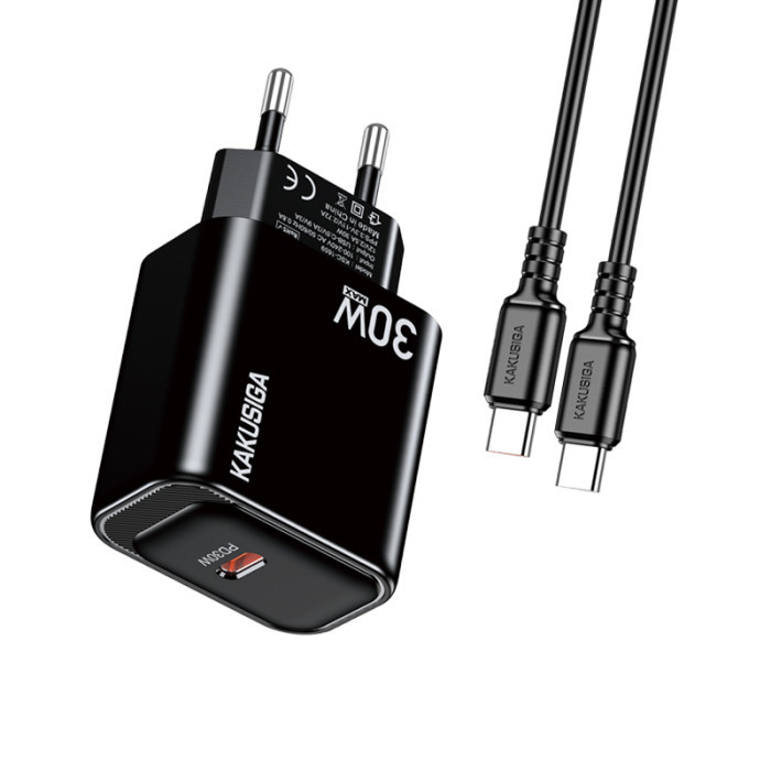 Мережевий зарядний пристрій Kakusiga KSC-1660, Cable Type-C to Type-C, 30W, Black - 2