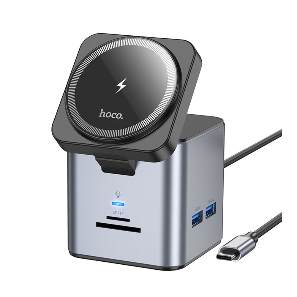 USB-хаб Hoco HB49, Type-C to HDTV/Type-C/3xUSB 3.0/SD/TF/RJ45, Wireless Charger 15W, Gray - 1