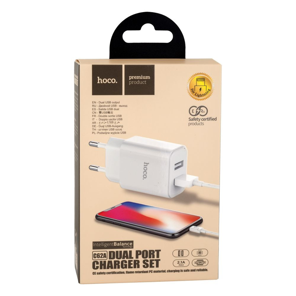 Мережевий зарядний пристрій Hoco C62A, Cable Lightning, 5V, 2.1A White - 2