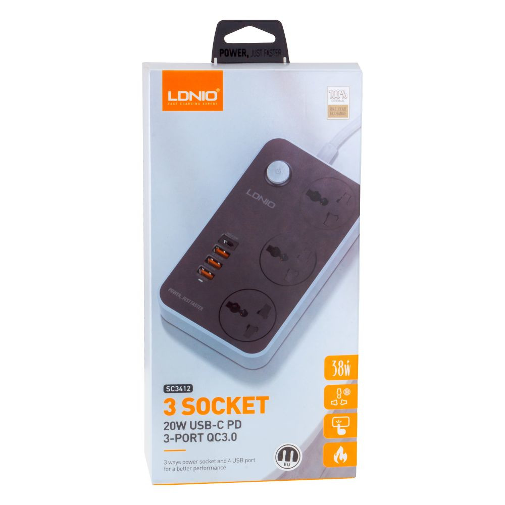 Мережевий подовжувач LDNIO SC3412, 3xSocket/1xType-C/3xUSB-A, QC 3.0, 2m, Black-Gray - 5