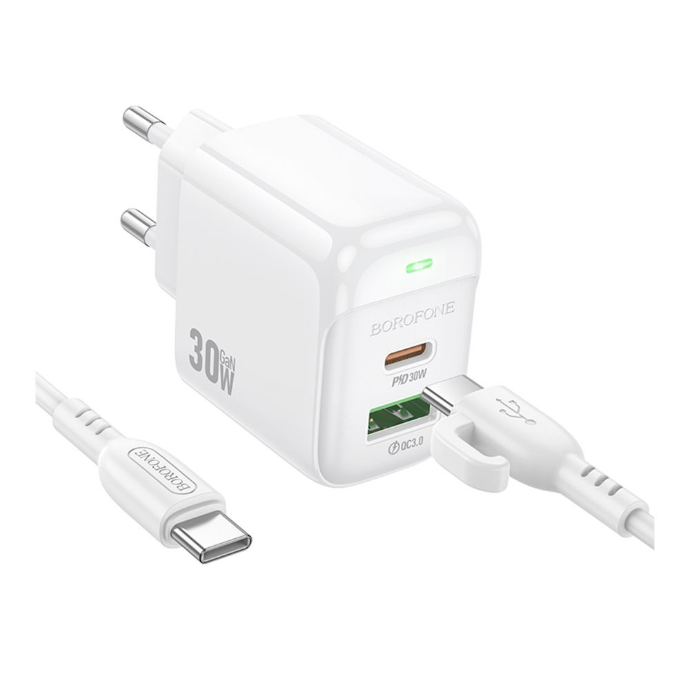 Мережевий зарядний пристрій Borofone BAS45A, Cable Type-C to Lightning, PD 30W, QC 3.0, White - 4