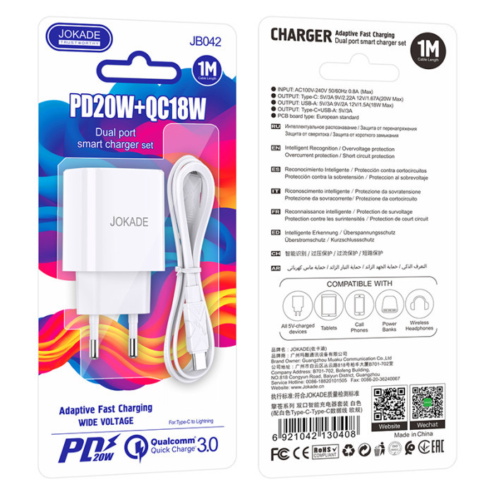 Мережевий зарядний пристрій Jokade JB042, Cable Type-C to Type-C, PD 20W, White - 5