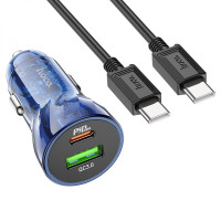 Автомобільний Зарядний Пристрій Hoco Z47A Transparent, PD 30W, QC3.0, Cable Type-C to Type-C, Blue