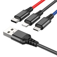 Кабель Hoco X76, 3-in-1 Lightning/Type-C/Micro, 1m, 2A, Black/Red/Blue 4