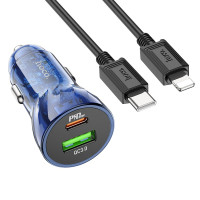 Автомобільний зарядний пристрій Hoco Z47A Transparent PD 30W, QC3.0, Cable Type-C to Lightning, Blue