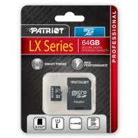 Карта пам'яті Patriot LX Series, 64Gb, micro SDXC UHS-1, class 10, adapter SD 2