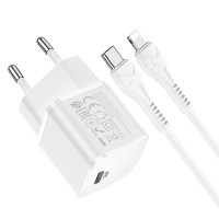 Мережевий зарядний пристрій Hoco N10, Cable Type-C to Lightning, PD 20W, White 2