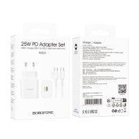 Мережевий зарядний пристрій Borofone BA82A, Cable Type-C to Type-C, PD 25W, QC 3.0, White 2