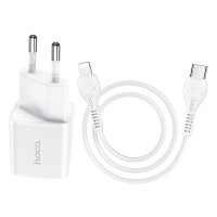 Мережевий зарядний пристрій Hoco N10, Cable Type-C to Lightning, PD 20W, White 1