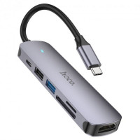 USB-хаб Hoco HB28, Type-C multi-function converter HDTV/USB3.0/USB2.0/SD/TF/Type-C, Gray