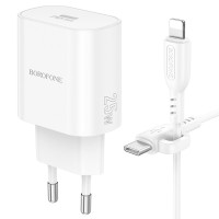 Мережевий зарядний пристрій Borofone BA82A, Cable Type-C to Lightning, PD 25W, QC 3.0, White 10