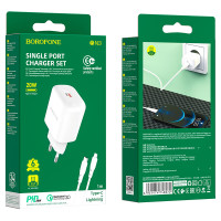 Мережевий зарядний пристрій Borofone BN3, Cable Type-C to Lightning, PD 20W, QC 3.0, White 3