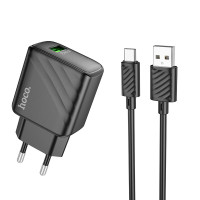 Мережевий Зарядний Пристрій Hoco CS21A, USB-A, QC3.0 18W, Cable Type-C, Black