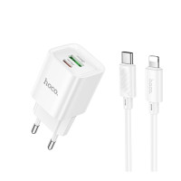 Мережевий зарядний пристрій Hoco C147A, Cable Type-C to Lightning, PD 20W, QC 3.0, White