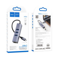 USB-хаб Hoco HB34, Type-C to 3xUSB 3.0/RJ45, 0.15m, Gray 1