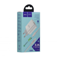 Мережевий зарядний пристрій Hoco C80A, Cable Type-C to Lightning, PD 20W, QC3.0, White 1